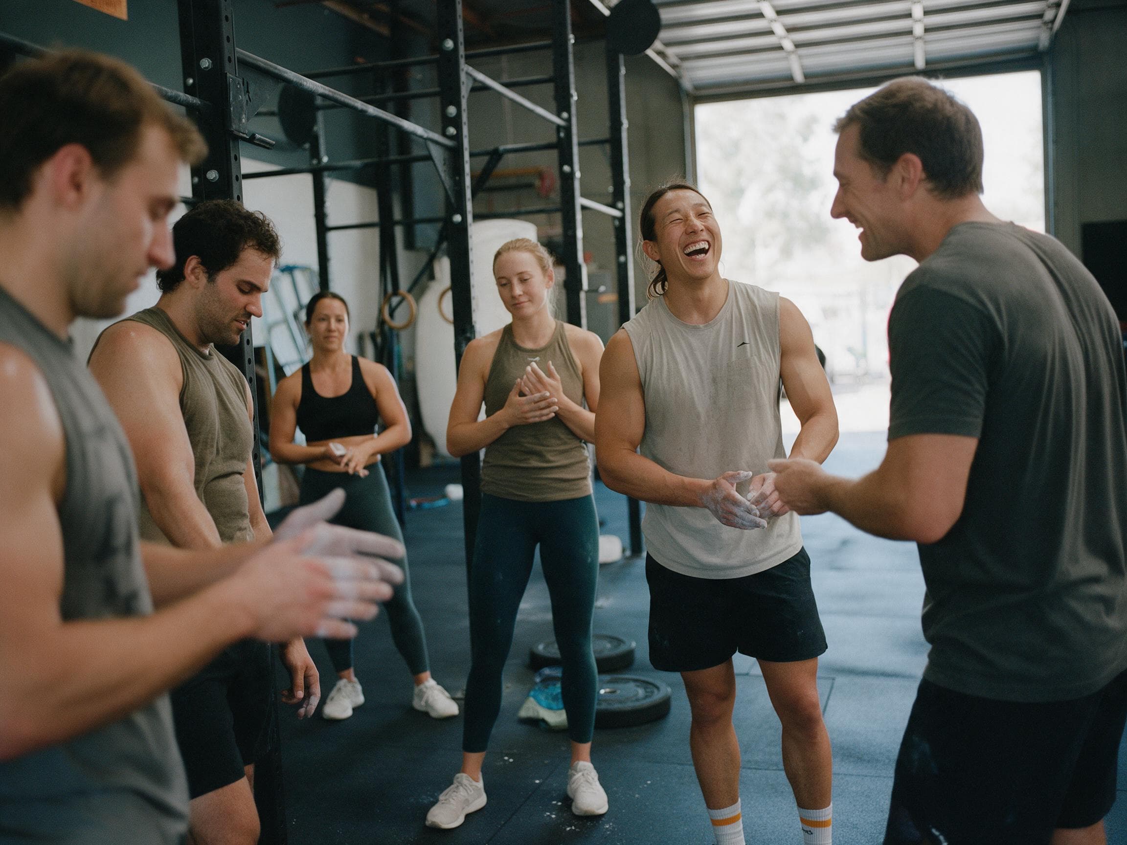 Atletas a rir junto ao rig depois de um WOD