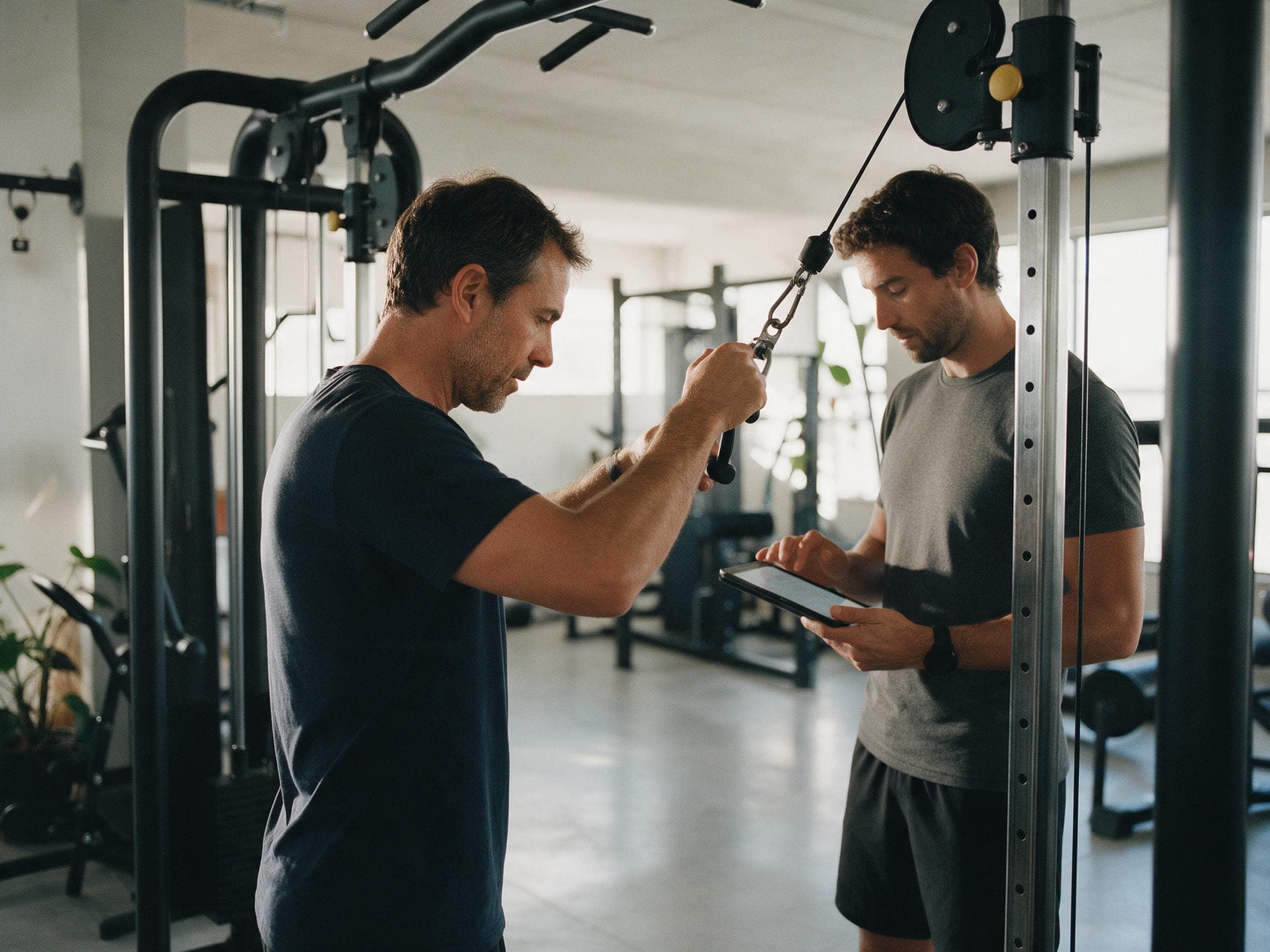 Treinador com tablet acompanha um sócio